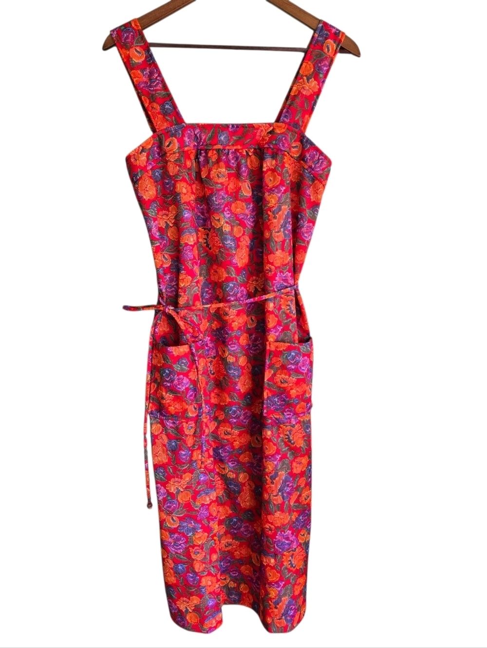 Vintage 1970s Sears Floral Psychedelic Pinafore Apron Dress Red Orange 16.5 - Picture 3 of 14